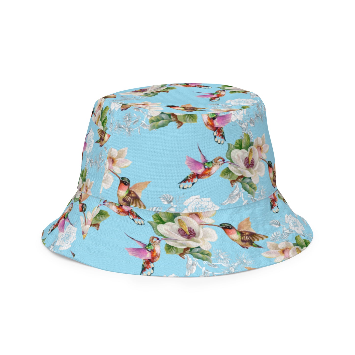 Reversible bucket hat hummingbirds design no. 1 with light blue reverse