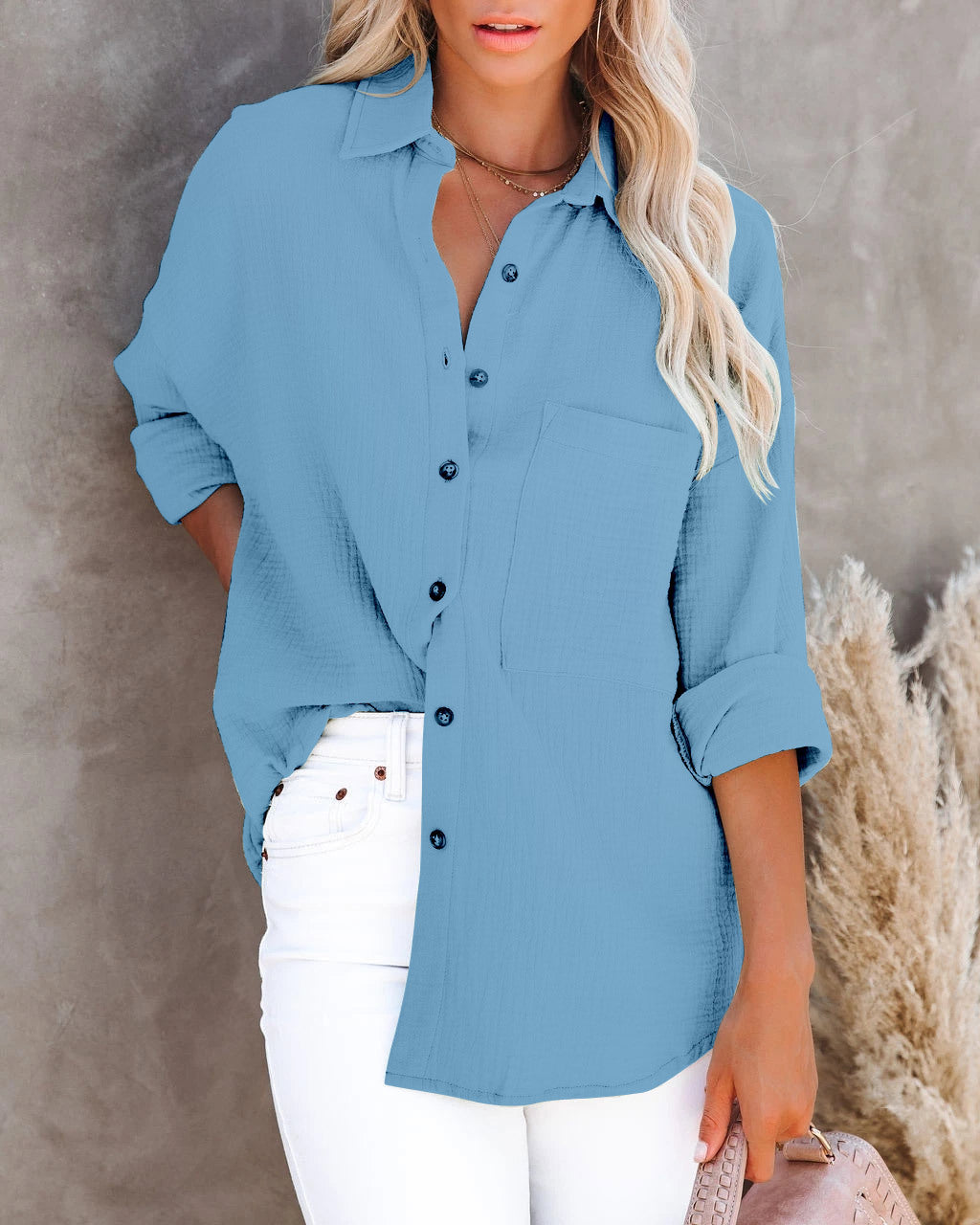 Women’s Long sleeve shirt - V Neck Button Ladies Cotton Linen Shirt
