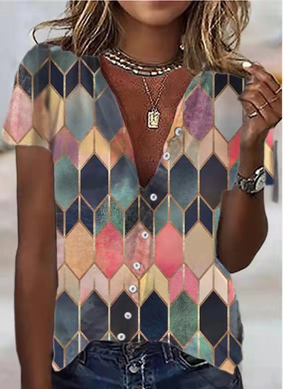 Women’s short sleeve Shirt - Summer Women's Shirts European And American Printed Loose Short-sleeved Shirts