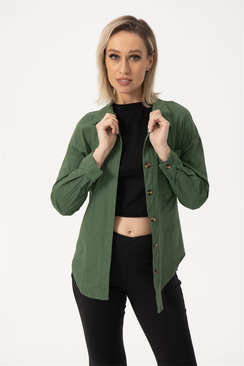 Women’s Long sleeve shirt - V Neck Button Ladies Cotton Linen Shirt