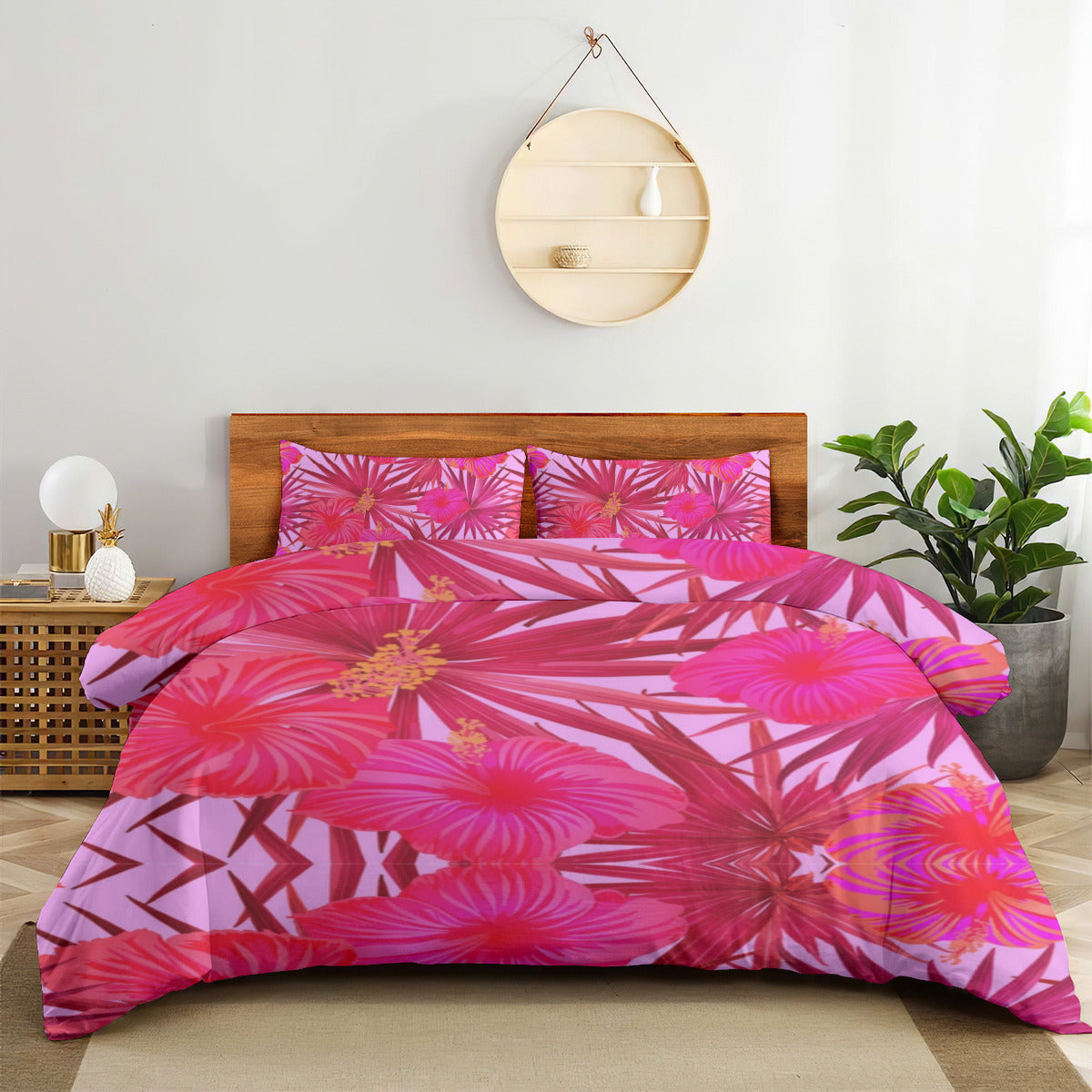 4 piece pink and red set - reversible duvet, pillow cases and sheet