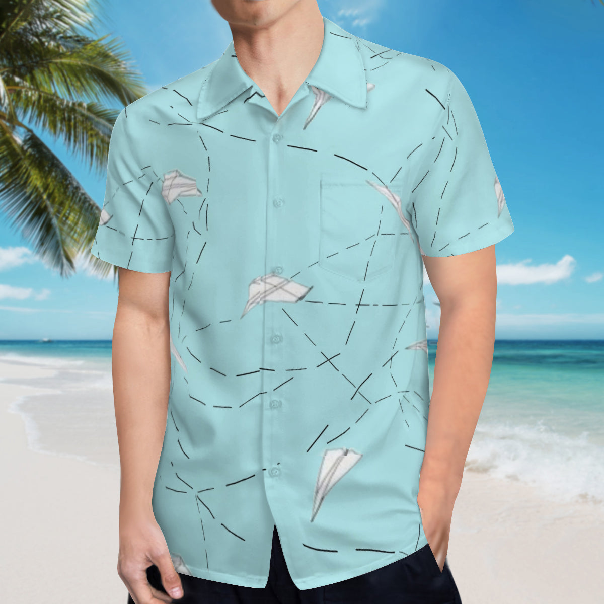 Hawaiian shirt - Lt green paper airplanes