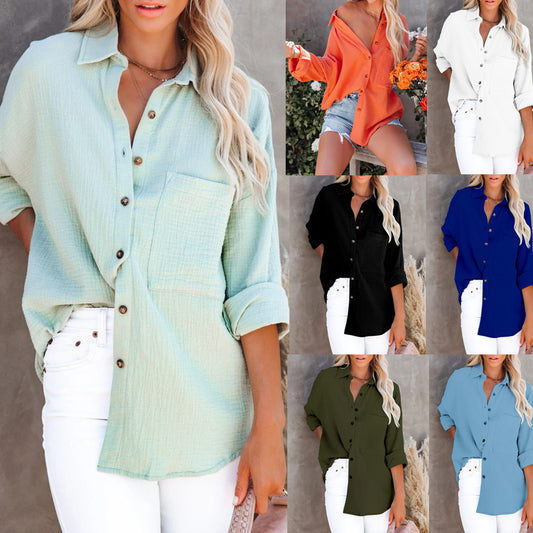 Women’s Long sleeve shirt - V Neck Button Ladies Cotton Linen Shirt
