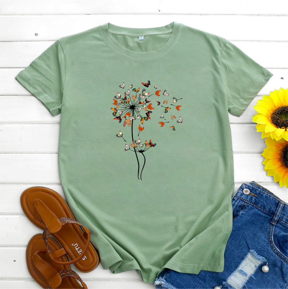 Women’s Short sleeve Tshirt  - European And American Rooster Dandelion Printed Cotton