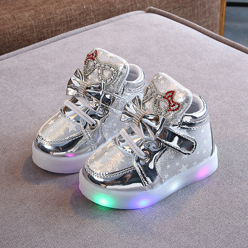 Children shoes - Girls Stars Printed Light Board Shoes Girls Rhinestone LED Light Up Shoes