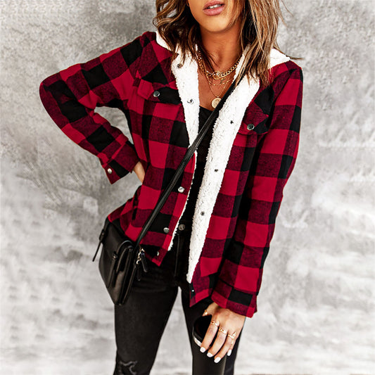 Women’s Winter Jacket - Red and Black Plaid fleece-lined jacet