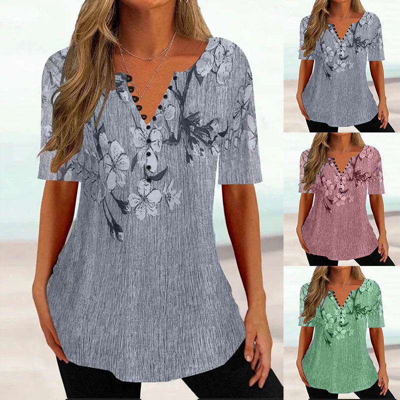 Women’s Shirt - Summer Loose V-neck Short Sleeve Pleated Button Shirt For Women