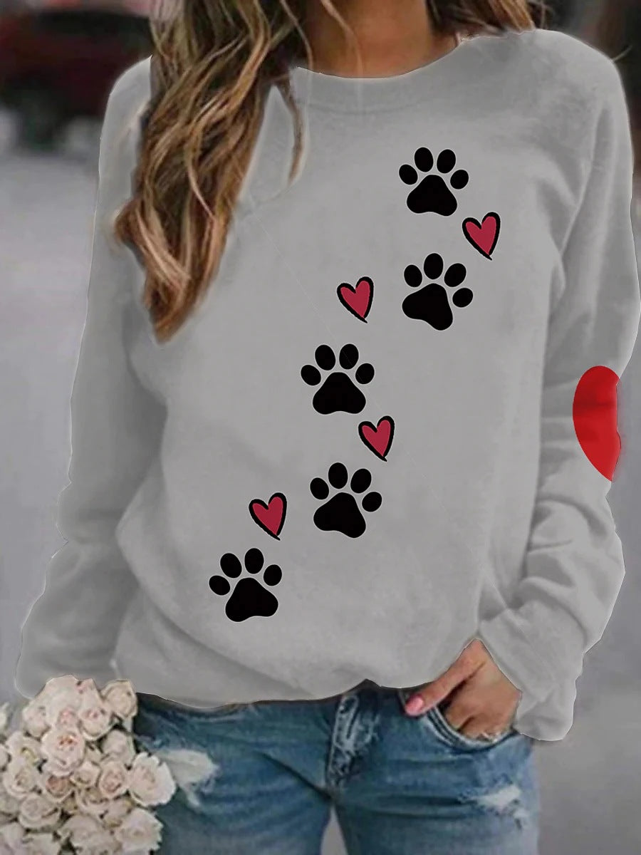 Women’s Long sleeve Tshirt - Women's Fashion Casual Dog Paw Element Printing Long Sleeve Crew Neck Sweater