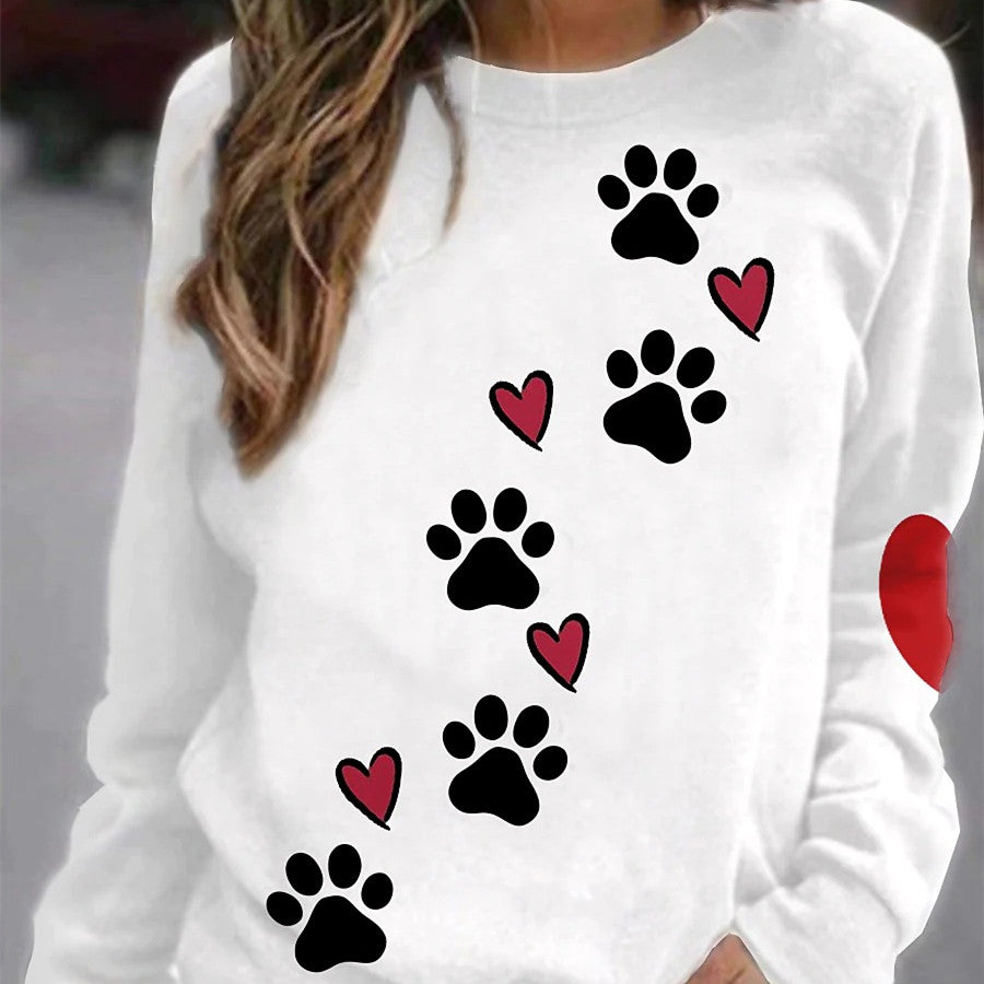 Women’s Long sleeve Tshirt - Women's Fashion Casual Dog Paw Element Printing Long Sleeve Crew Neck Sweater