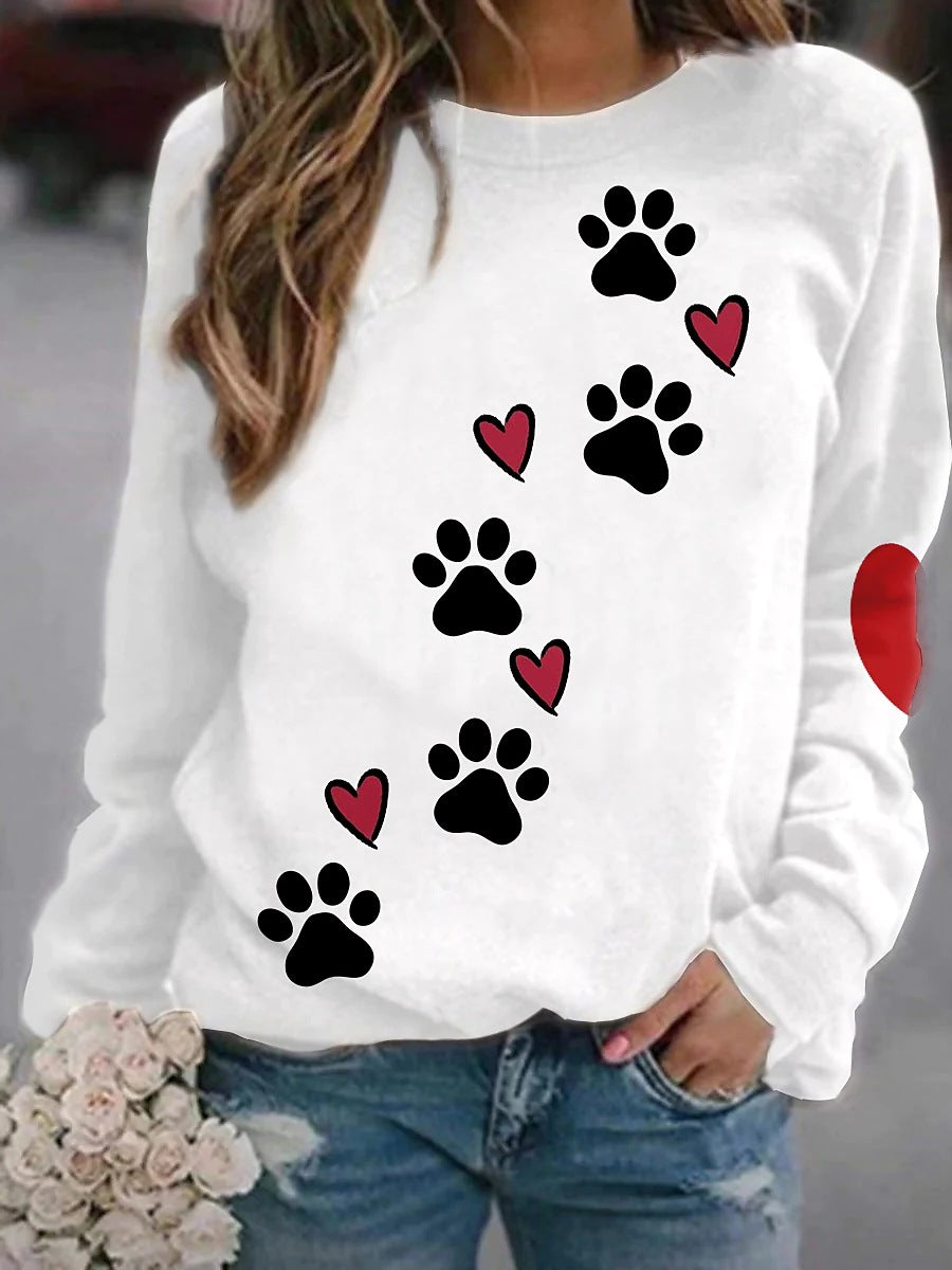 Women’s Long sleeve Tshirt - Women's Fashion Casual Dog Paw Element Printing Long Sleeve Crew Neck Sweater