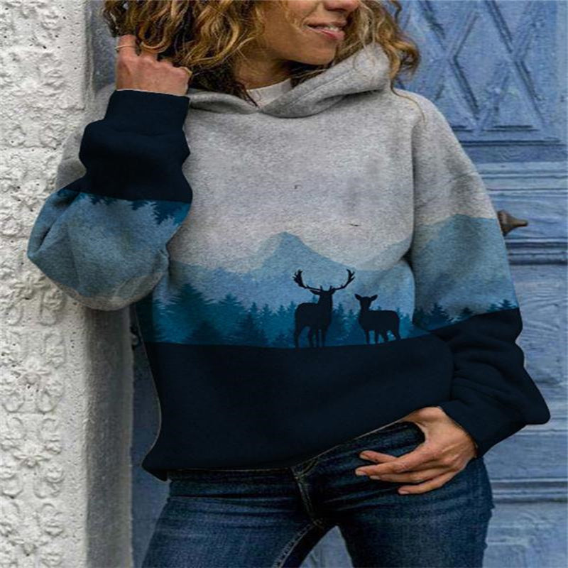 Women’s Sweater - Hooded Long Sleeve Digital Printing Loose Casual Sweater For Women