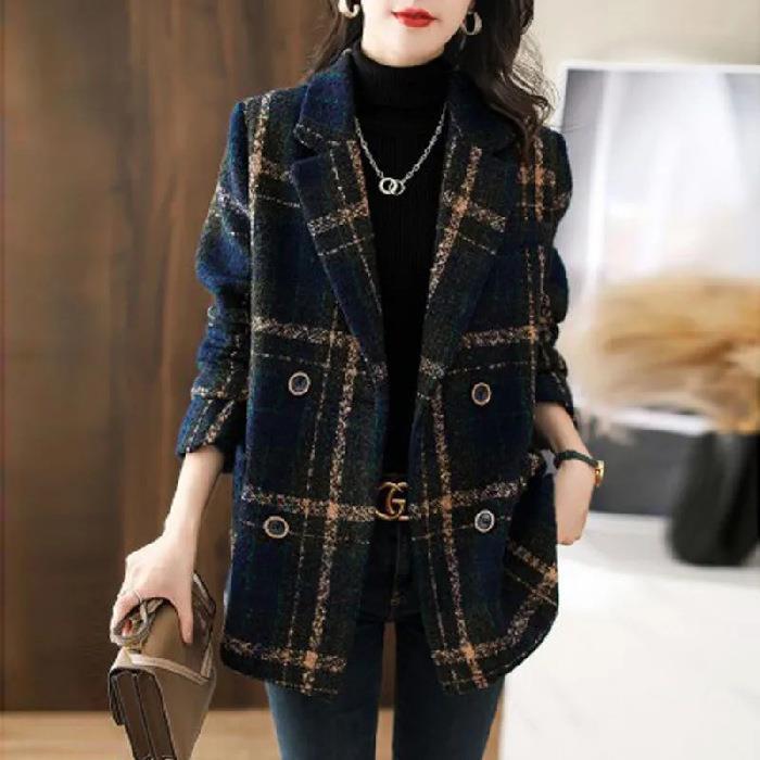 Women’s Jacket - Coat Fashion Slimming Retro Plaid Patchwork Wool Female Suit jacket