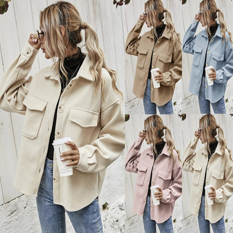 Women’s Winter Coat - Women Lapel Single-breasted Thickened Solid Color Jacket Woolen Loose Short Coat For Women Fashion Outwear Clothing