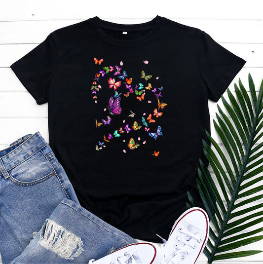 Women’s Tshirt - Women's Fashionable Simple Heart Butterfly Printed Round Neck Short Sleeve T-shirt