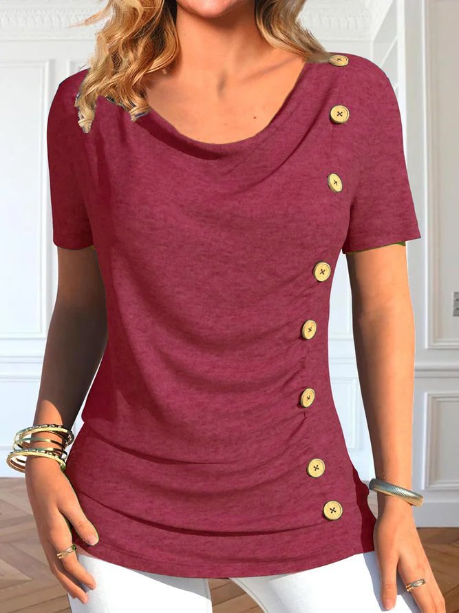 Women’s Shirt - Short sleeve Tshirt  - European And American Leisure Short Sleeve Button Solid Color