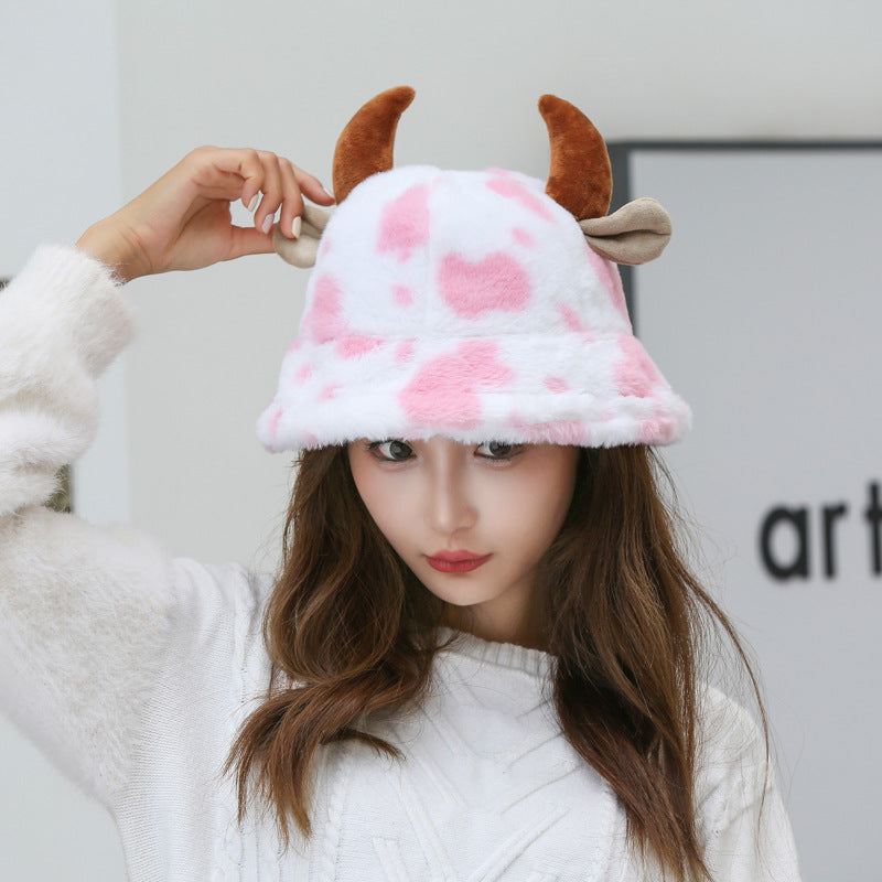 Women’s Hat -  Cow Pattern Fisherman Hat With Cute Horn Winter Fashion Thickened Warm Plush Hat For Women