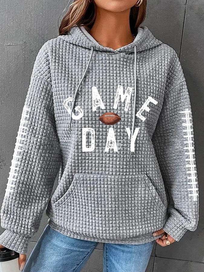 Women’s Sweater - Women's Rugby Print Hooded Waffle Sweater