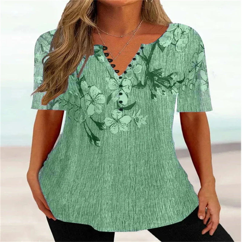Women’s Shirt - Summer Loose V-neck Short Sleeve Pleated Button Shirt For Women