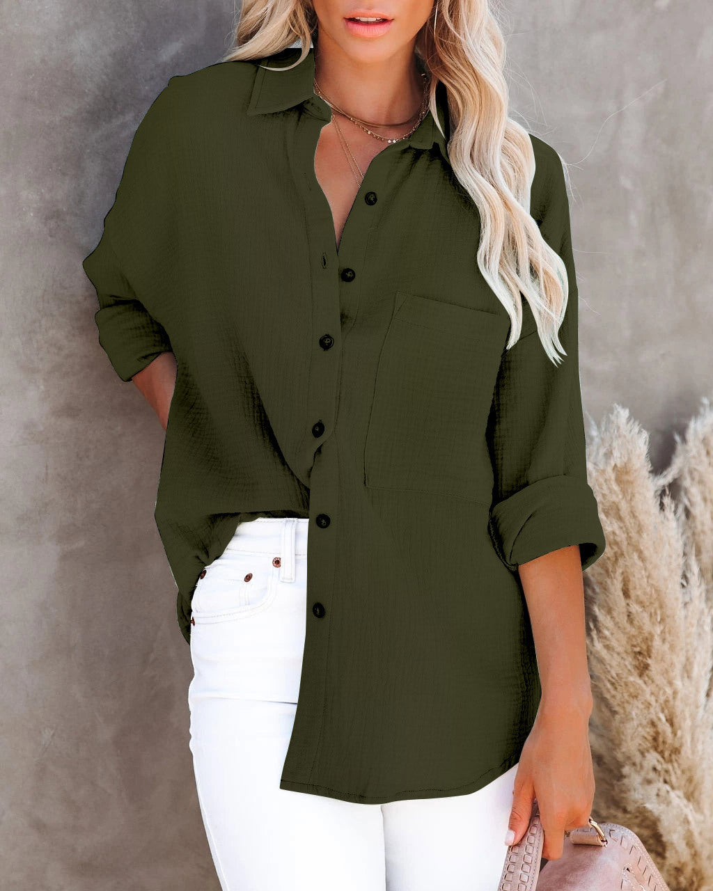 Women’s Long sleeve shirt - V Neck Button Ladies Cotton Linen Shirt