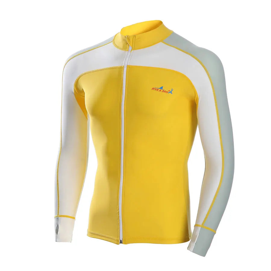 Rashguard Men's Long Sleeve Zipper Surf Swim Rash Guard Swimwear, Yellow Rashguard Diving Tops, Man Sun-Protective Sports Shirt