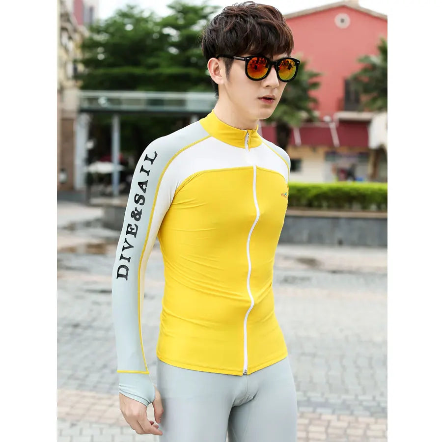 Rashguard Men's Long Sleeve Zipper Surf Swim Rash Guard Swimwear, Yellow Rashguard Diving Tops, Man Sun-Protective Sports Shirt