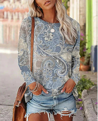 Women’s Long sleeve Tshirt - Women's Printed Long-sleeved Pullover Round Neck Top