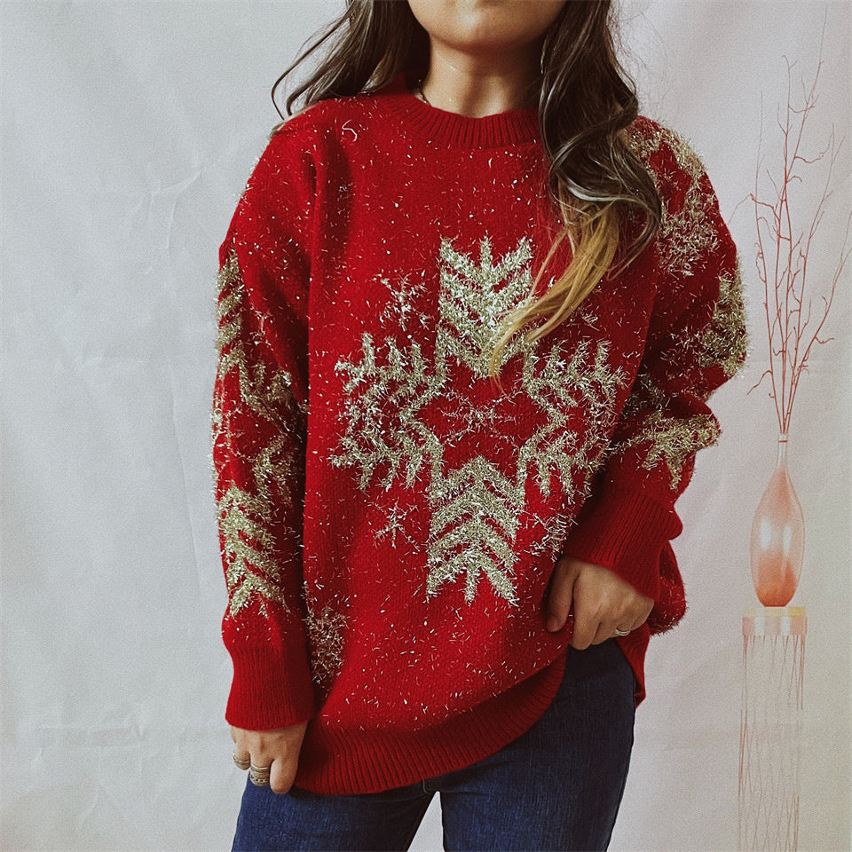 Christmas Sweater - Women's Fashion Loose Gold Line Large Snowflake Christmas Sweater