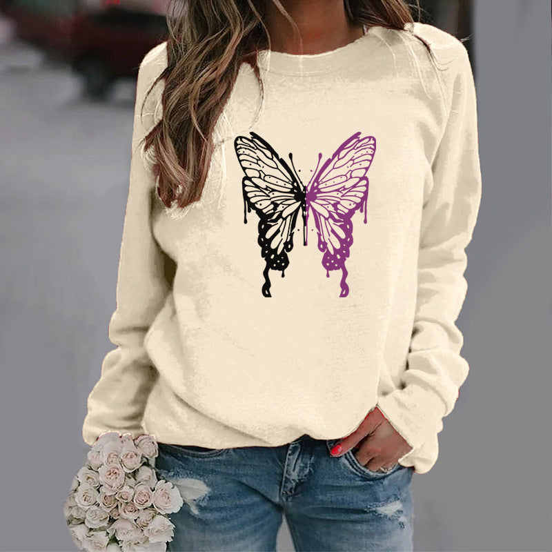 Women’s Long sleeve Tshirt  - Fashion Colorized Butterfly Round Neck Sports Top