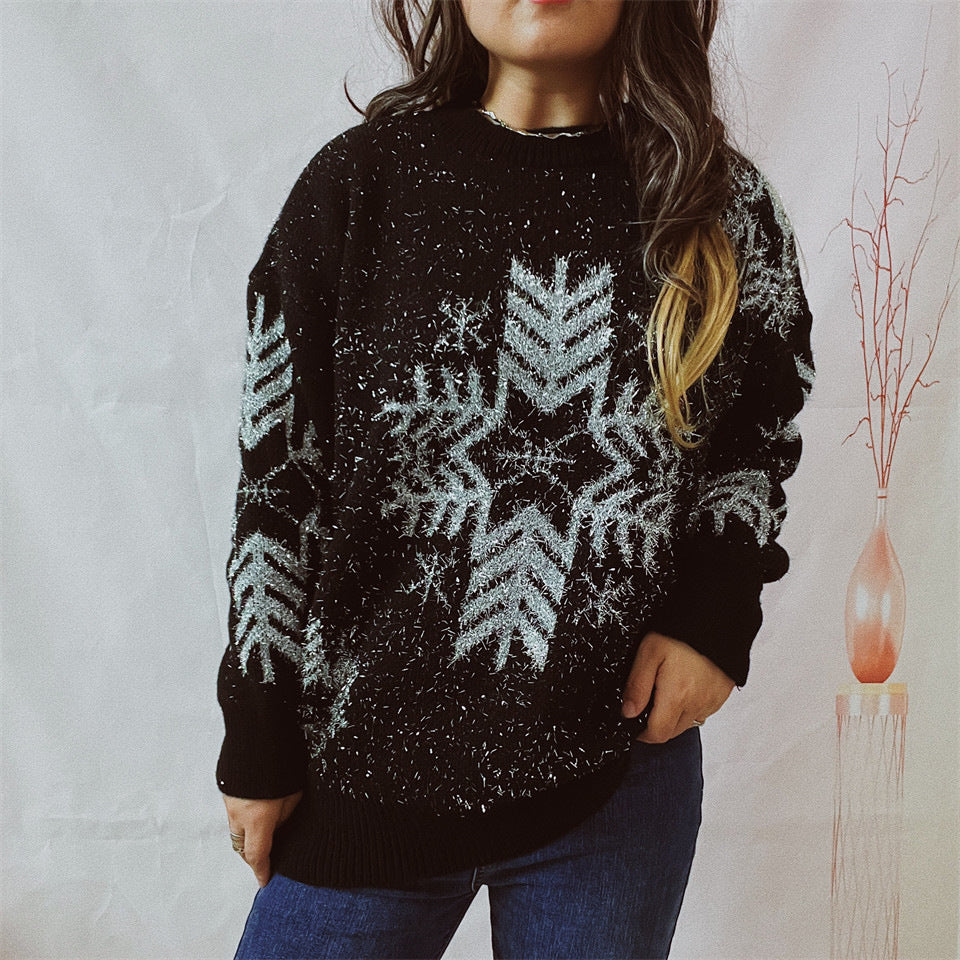 Christmas Sweater - Women's Fashion Loose Gold Line Large Snowflake Christmas Sweater