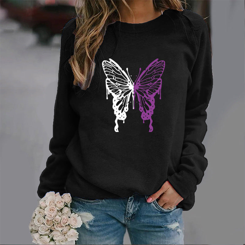 Women’s Long sleeve Tshirt  - Fashion Colorized Butterfly Round Neck Sports Top