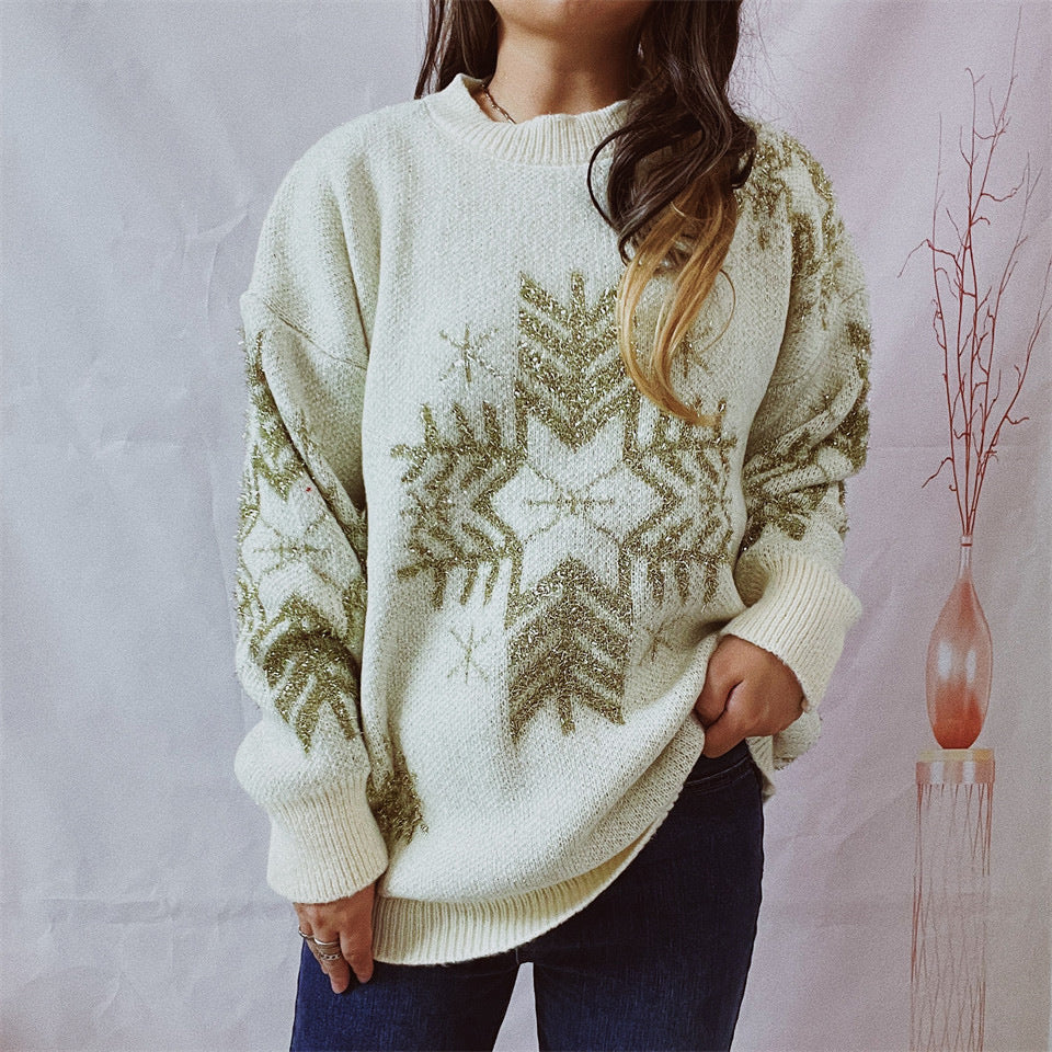Christmas Sweater - Women's Fashion Loose Gold Line Large Snowflake Christmas Sweater
