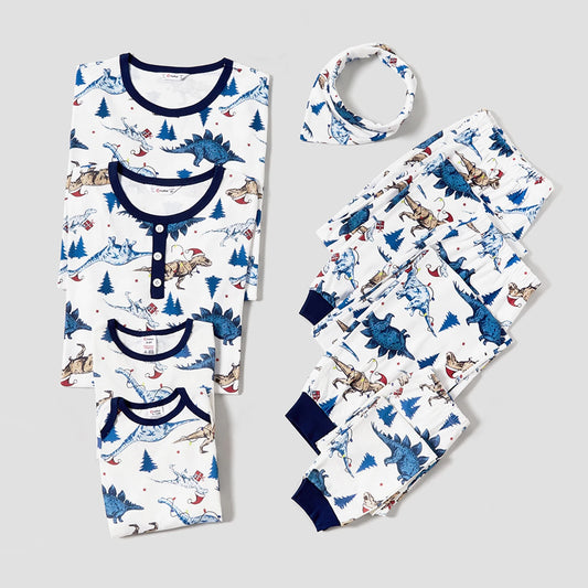 PatPat Christmas Family Matching Cute Dinosuar Allover Print Pajamas Sets(Flame Resistant)