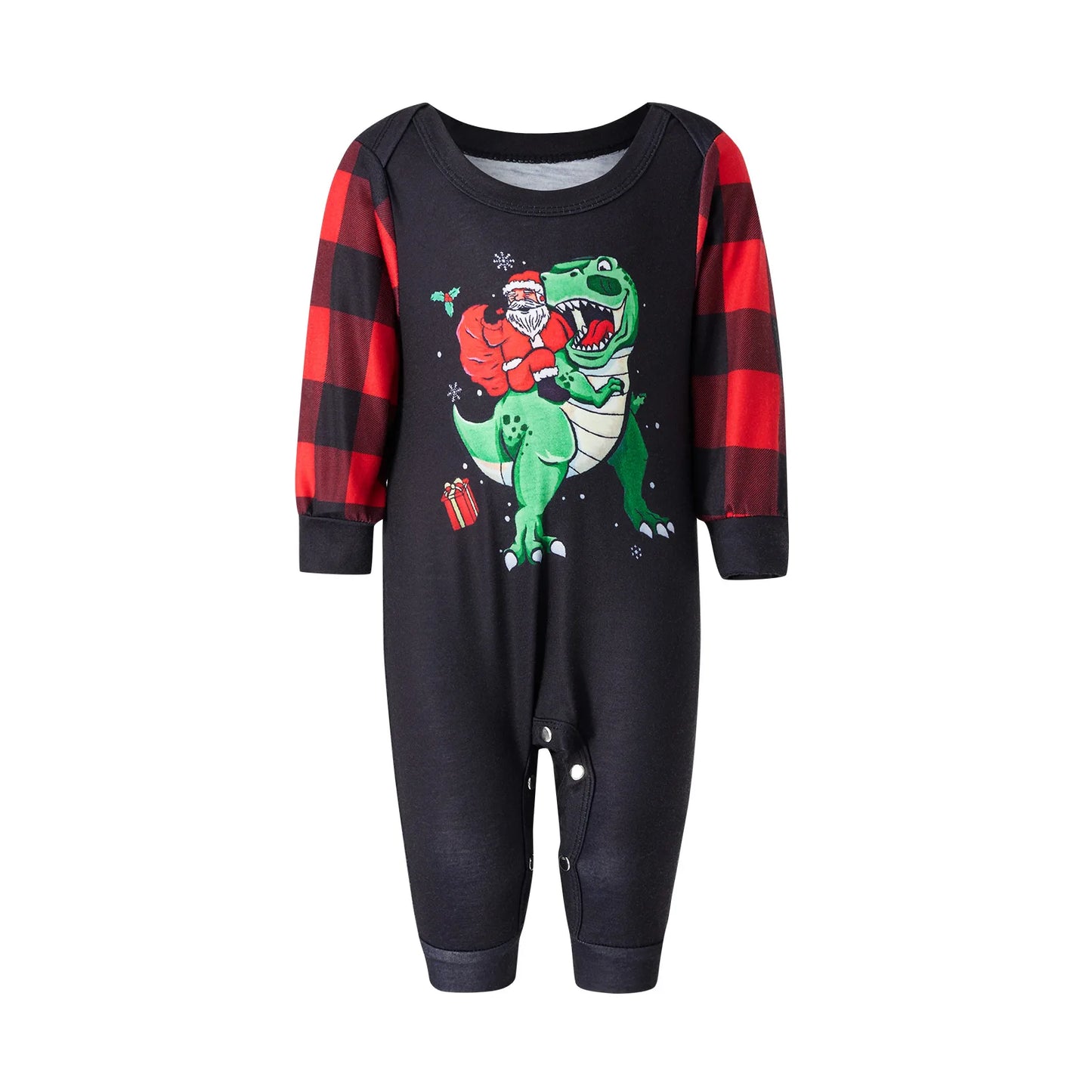 Christmas Family Matching Pajamas Set Dinosaur Santa Claus Print T-shirt with Plaid Pants