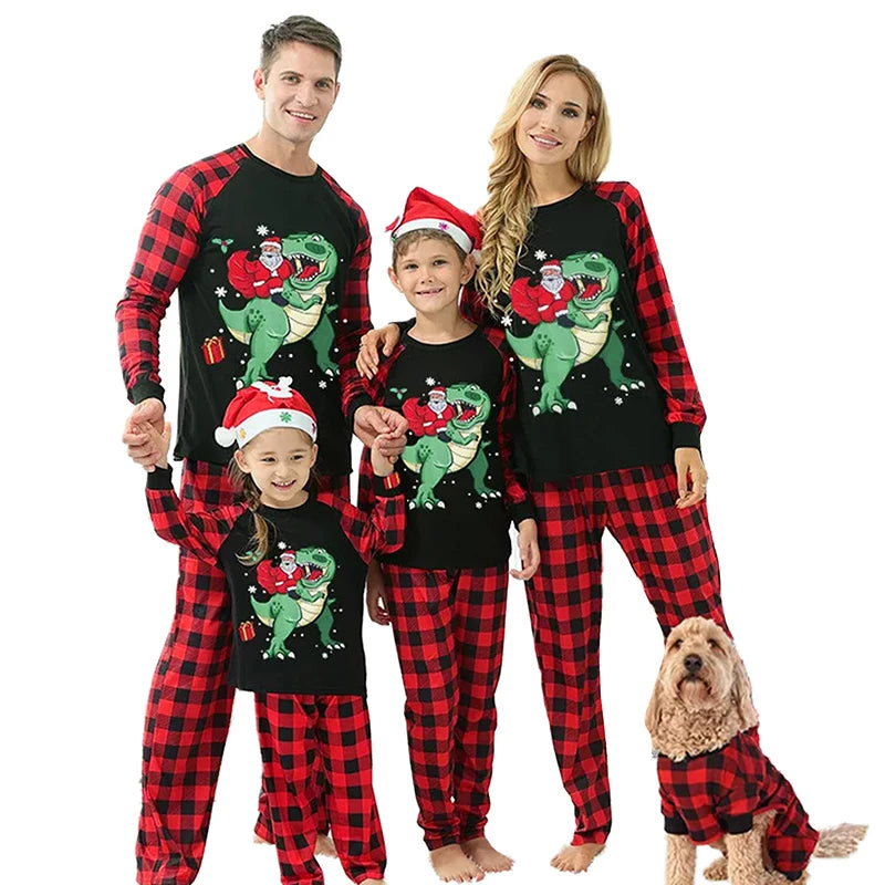 Christmas Family Matching Pajamas Set Dinosaur Santa Claus Print T-shirt with Plaid Pants