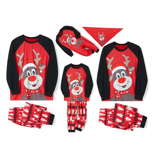 Family Matching Christmas Pajamas Pet /Baby Romper/Cartoon Elk Print Long Sleeve Tops + Deer Print Pants Set for Mom Dad Kids