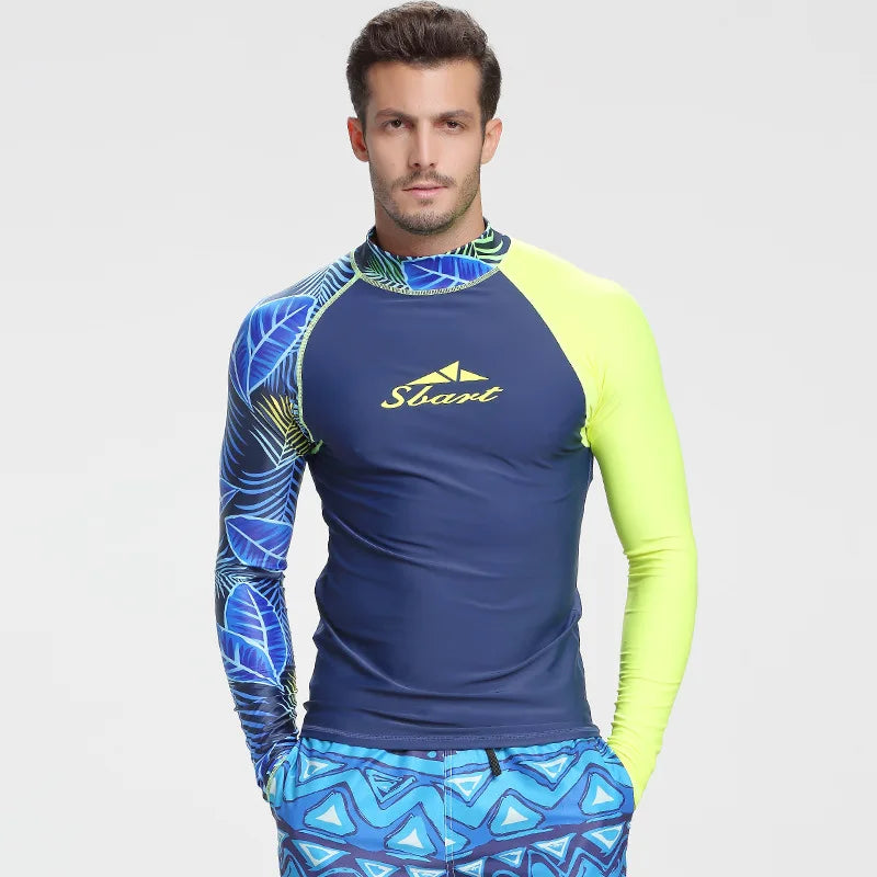 Rashguard Men's Long Sleeve Zipper Surf Swim Rash Guard Swimwear, Yellow Rashguard Diving Tops, Man Sun-Protective Sports Shirt