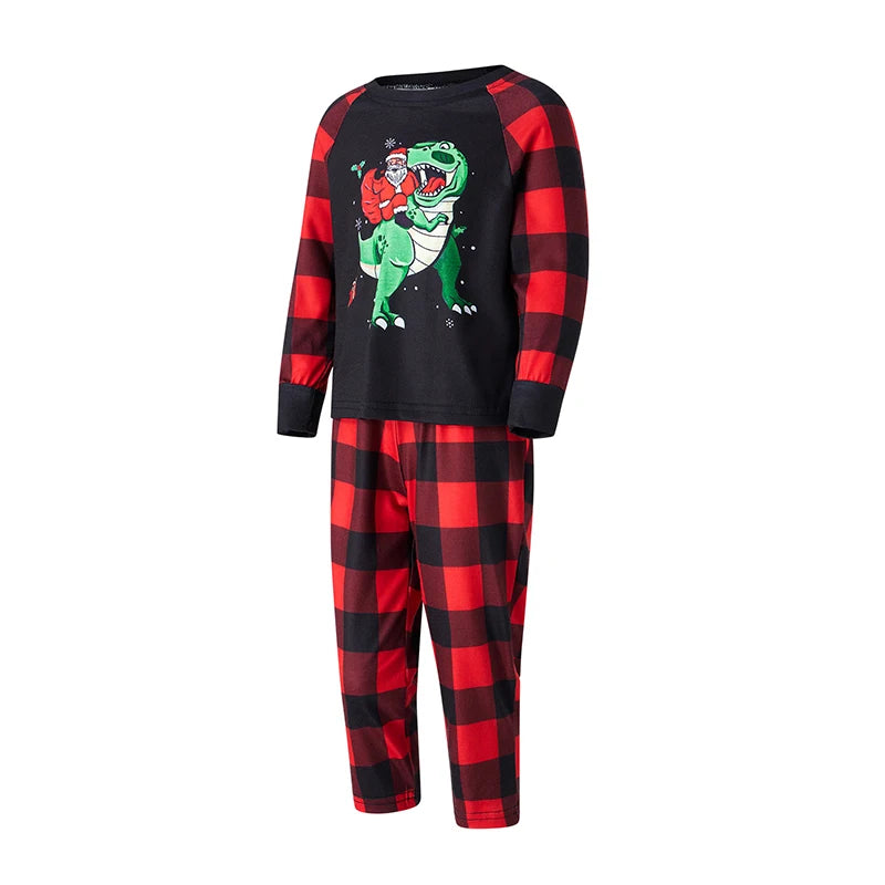 Christmas Family Matching Pajamas Set Dinosaur Santa Claus Print T-shirt with Plaid Pants