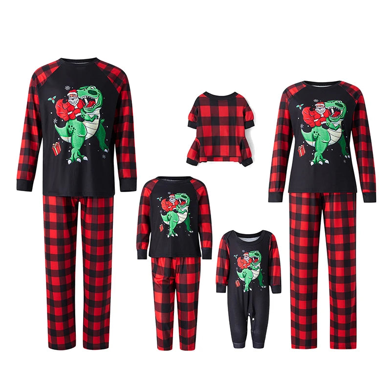 Christmas Family Matching Pajamas Set Dinosaur Santa Claus Print T-shirt with Plaid Pants