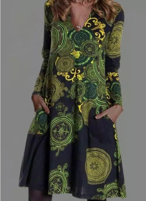 Women’s Dress - Autumn New Printed Pocket Dres