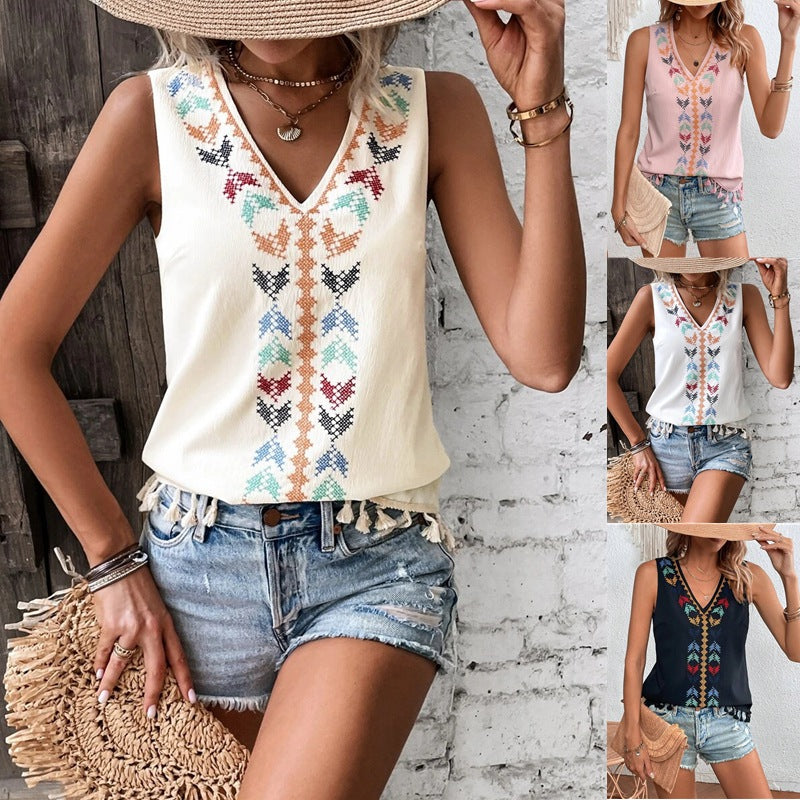 Women’s Tshirt - Women's Summer Ethnic Style V-neck Embroidery Vest Top