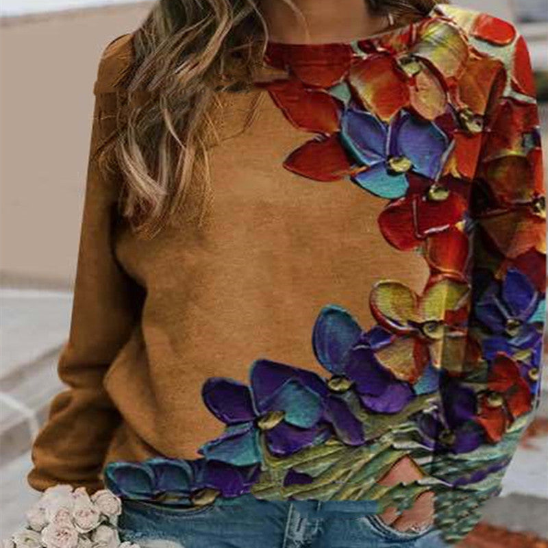 Women’s Long sleeve Tshirt -  Urban Casual Colorful Printed Long Sleeve Round Neck Pullover T-shirt