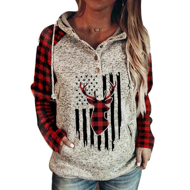 Women’s Long sleeve pullover - Hooded Loose Fleece Sweater Plaid Printed pullover
