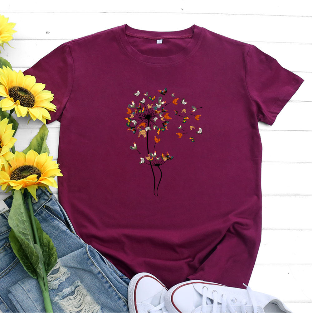 Women’s Short sleeve Tshirt  - European And American Rooster Dandelion Printed Cotton