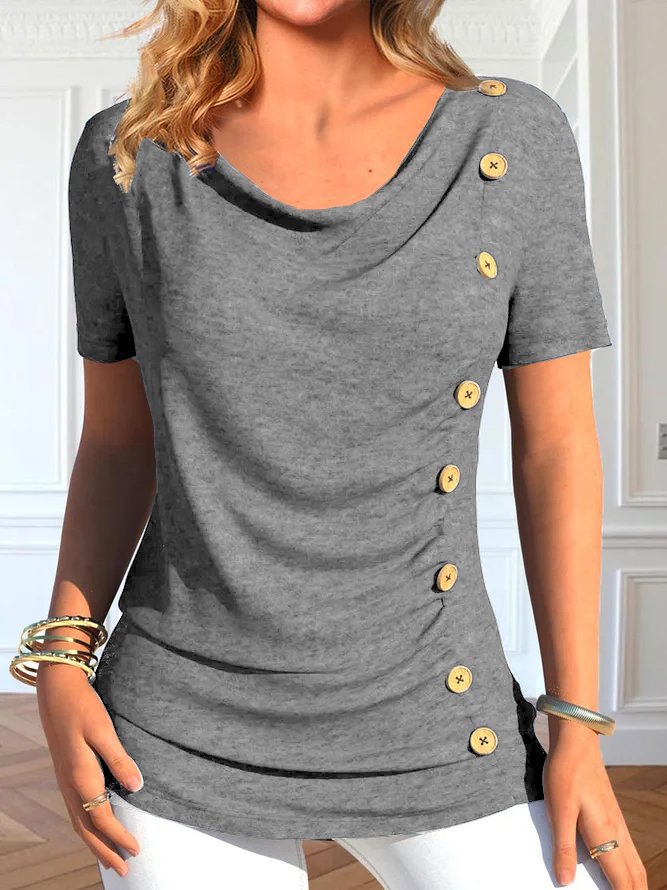 Women’s Shirt - Short sleeve Tshirt  - European And American Leisure Short Sleeve Button Solid Color