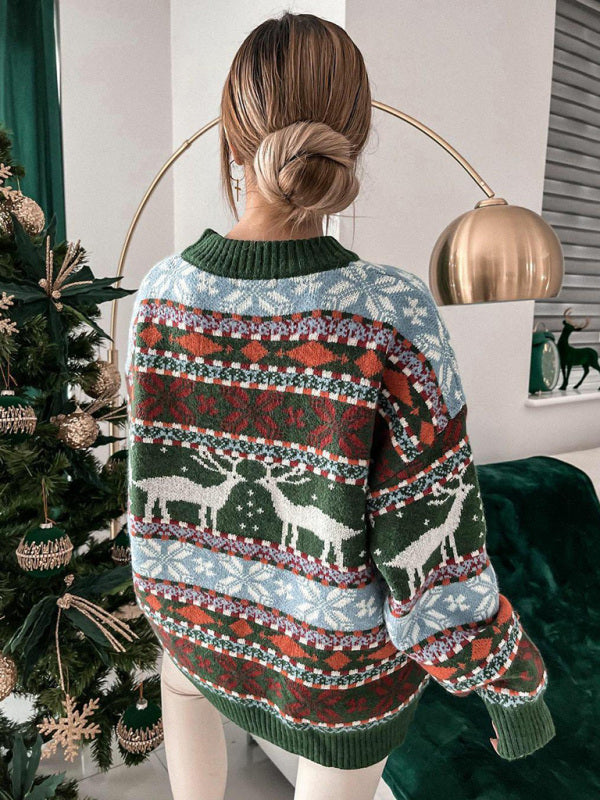 Christmas Sweater - Women's Christmas Crew Neck Loose Jacquard Long Sleeve Sweater