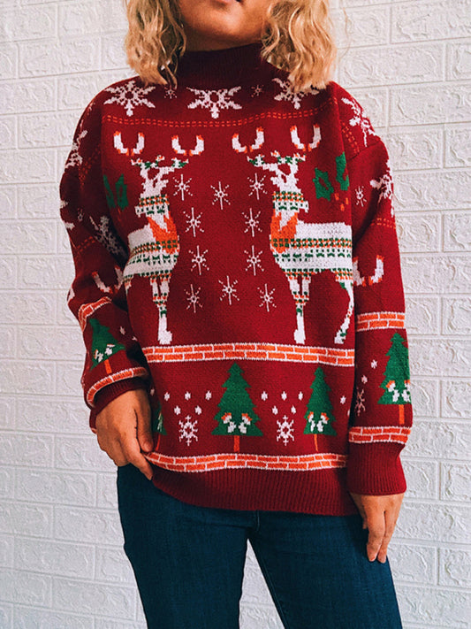 Women's Christmas Themed Elk Snowflake Christmas Tree Knit Sweater